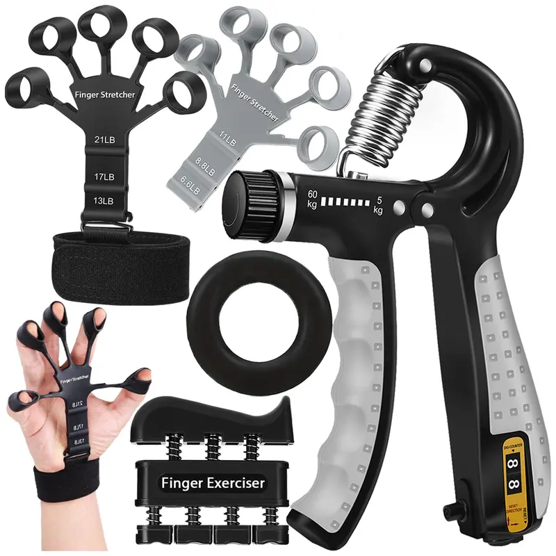 Unisex Compact 5Pcs Multi-Grip Hand Strengthener Kit - Adjustable Forearm Gripper (6.6 lbs,17 lbs,40 lbs), Finger Exerciser, Stretcher, Workout Ring, Training Arm Trainer, PT & Rehab Aid for Muscle Building, Stress Relief