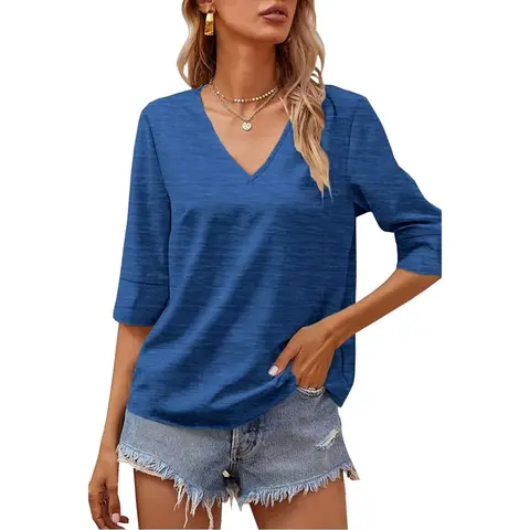 Imily Bela Women Fashion Half Sleeve V-Neck T-Shirt Solid Loose Basic tops