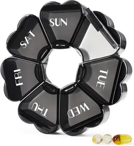 Large Pill Organizer 7 Day, Pretty Weekly Pill Box Case, Girly Medicine Dispenser Container for Vitamin, Gummy, Medication, Supplement (Black)