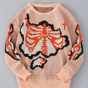 Men's regular slim fit skull print skull round neck sweater, comfortable long sleeved round neck jumpsuit sweater, autumn and winter fashionable men's knitwear, top, casual chic knitwear, Halloween