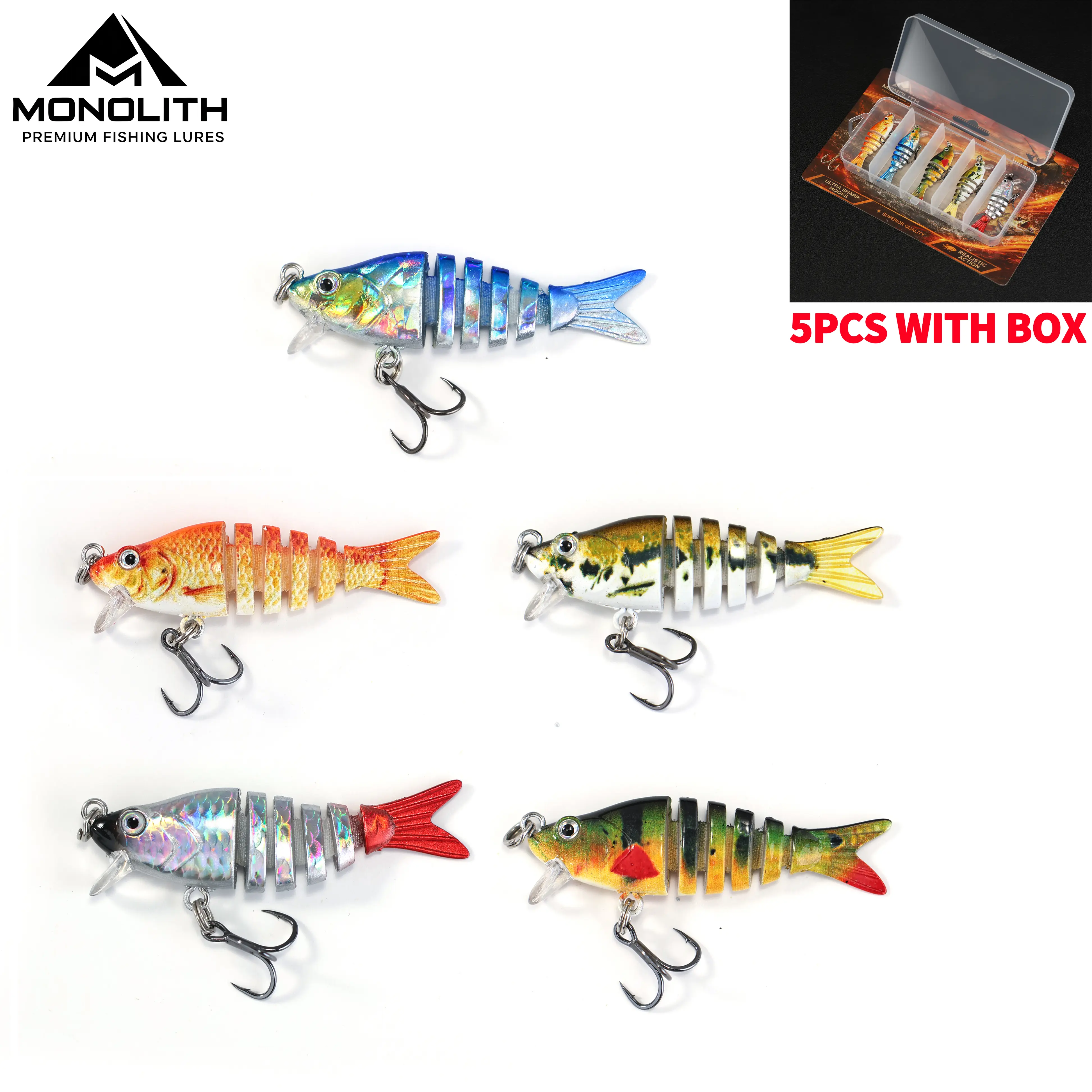 Fishing Lures 5-Pack, 2.15in/5.5cm Lifelike 6-Segment ABS Swimbait with 3D Eyes & Ultra Sharp Treble Hooks for Bass, Trout, Walleye, Freshwater & Saltwater Fishing, 5.5Cm/2.15Inch, Fly Fishing