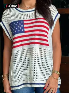 American Flag Hollow Knit Shoulder Cover Sleeve Top, Women's Knitwear Fitted Stylish Casual Wear, Perfect for Daily, Everyday, Comfortable and Trendy Fashion Womenswear Style