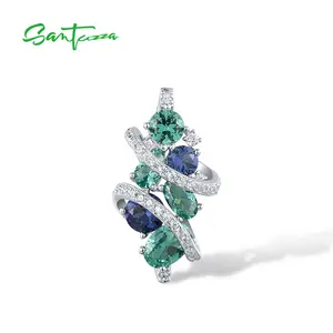 SANTUZZA Created Green And Blue Spinel White Cubic Zirconia 925 Silver Pendant Without Chain Fine Jewelry
