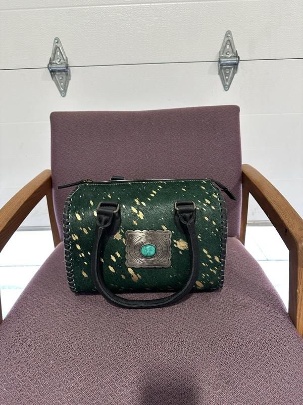 MEDIUM Green Speedy Bag with Gold Accents and Turquoise Gem Stone for Women