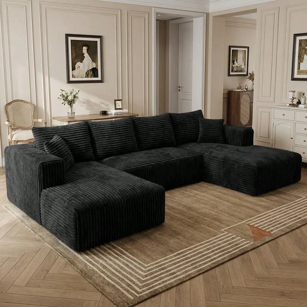 133-inch U-shaped Compressed Cloud Sofa - 1-Piece Seamless Corduroy Sofa, Soft Skin-friendly Fabric, Wide Backrest for Waist Support, Ideal for Large Living Rooms, Apartments