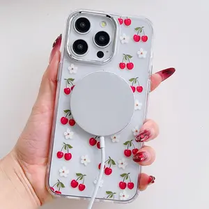 Cherry & Flower Pattern Clear Magnetic Phone Case, Cute Fashion Phone Protective Cover, Phone Accessories Compatible with iPhone 16 Pro Max, Casing, Protection