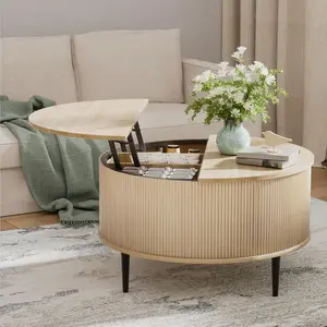 Yechen Round Coffee Table with Storage, 31.5" Lift Top Coffee Table，Fluted Modern Wooden Center Table for Living Room, Apartment, Office (Oak, Walnut)
