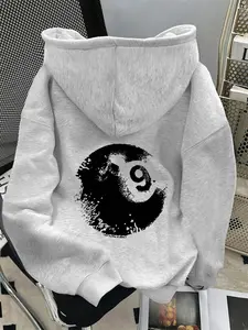 Women's Casual Loose-Fit Graphic Print Hoodie with Billiard Print, Drawstring Pocket Design, Thick Fabric for All Seasons, Perfect for Daily Wear & Holidays