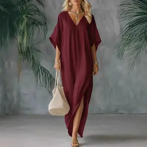 VVZ 2026 Summer V-Neck Kaftan Dress for Women - Loose Flowy Maxi Cover Up for Beach, Vacation, Casual Outings & Lazy Days