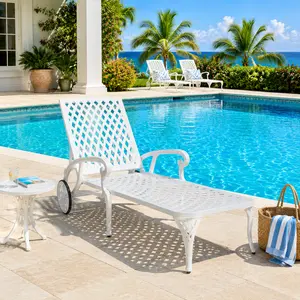 Chaise Lounge Chair Outdoor, Poolside Lounger Outside Cast Aluminum Tanning Chairs with Adjustable Backrest and Moveable Wheels