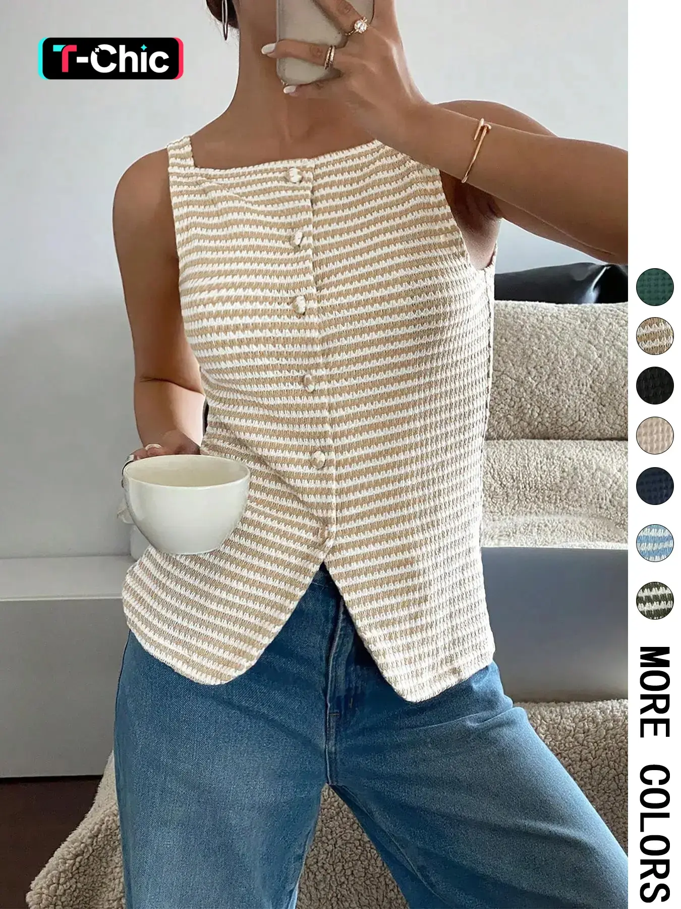 Women's Square Neck Tank Top, Sleeveless Button Closure Top for Daily Wear, Ladies Clothes for All Seasons, Casual Summer Sleeveless Top