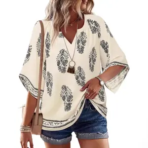 Women’s 3/4 Sleeve V-Neck Bohemian Peasant Blouses, Casual Loose-Fit Tunic Tops
