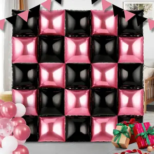 25PCS Pink & Black Square Foil Balloon Wall Backdrop for Girl Video Game Party Decoration