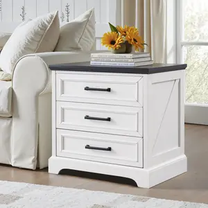 LINGMU modern nightstand with built-in charging station and three drawers for bedroom, living room, small spaces