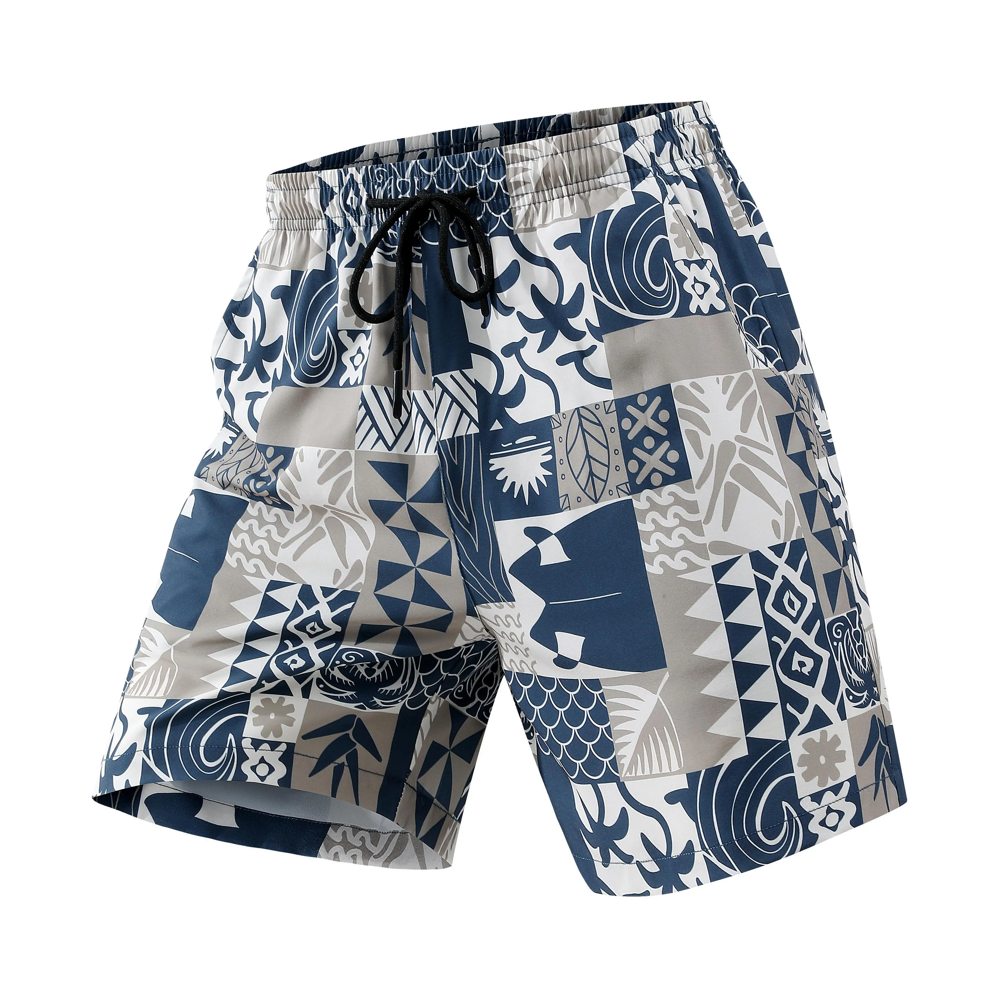 Men's Tribal Print Pullstring Surf Swim Shorts - Quick-Dry Lightweight Breathable Washable Fabric, Side Pockets, Loose Fit, Ideal for Beach, Swimming, Pullstring Men's Shorts, Washable Men's Shorts