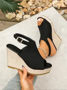 New Velcro Wedge Sandals, Textile Upper Material, Rubber Sole, Plain Pattern Design, Comfortable Summer Footwear, Women’s Shoes