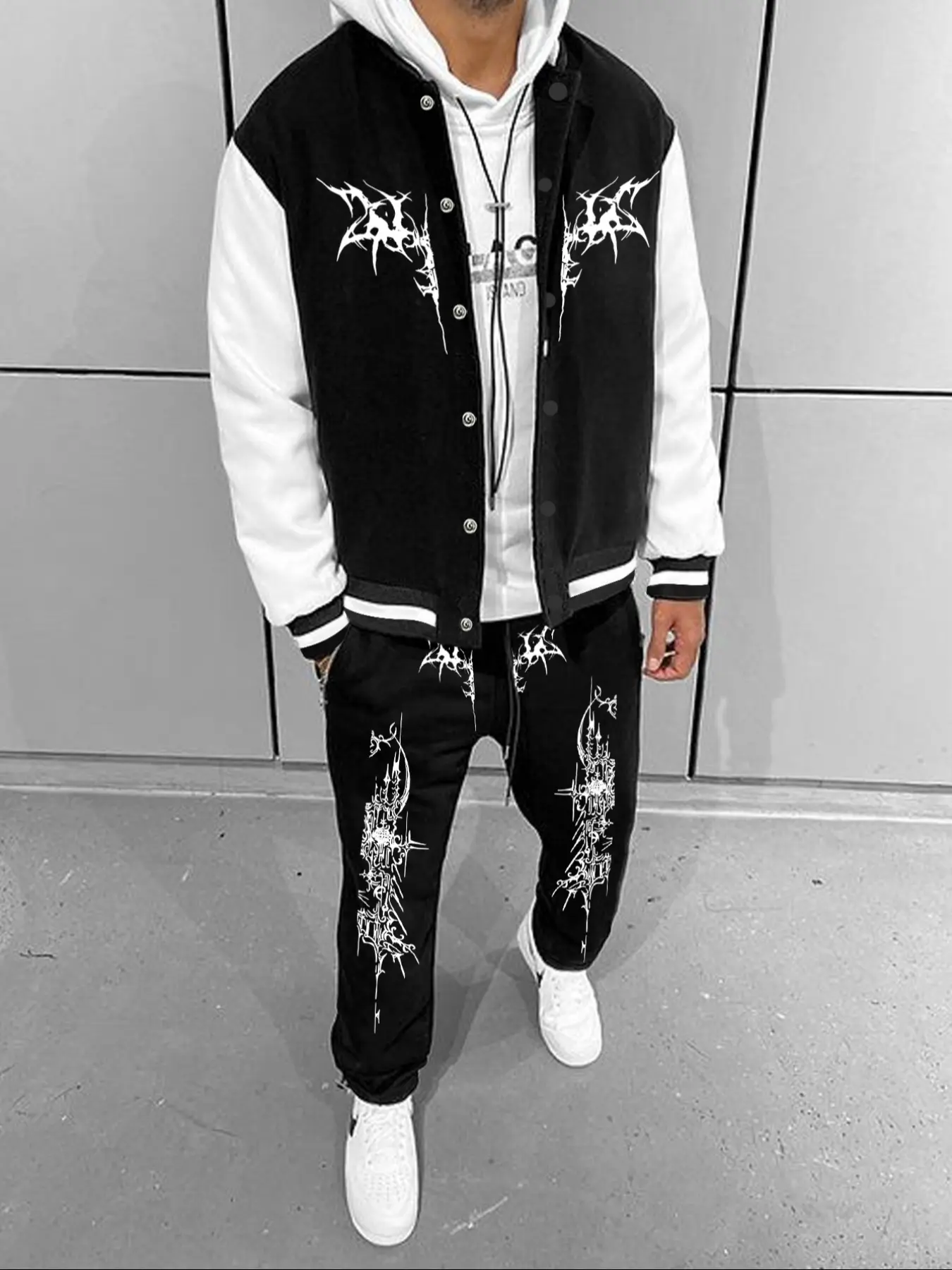 Baseball Jacket Set with Sweatpants Two-Piece, Fitted Long Sleeve Patchwork Design, Casual Streetwear for Fall & Winter