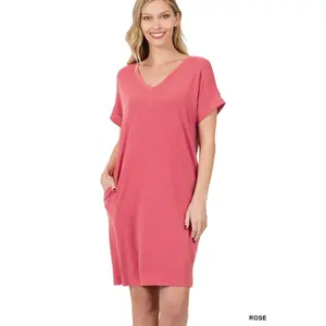 Djoune Rolled Short Sleeve V-Neck Dress Basic Casual Comfort Womenswear Chic Comfortable Cute Spring Formal Fit Modest Piece
