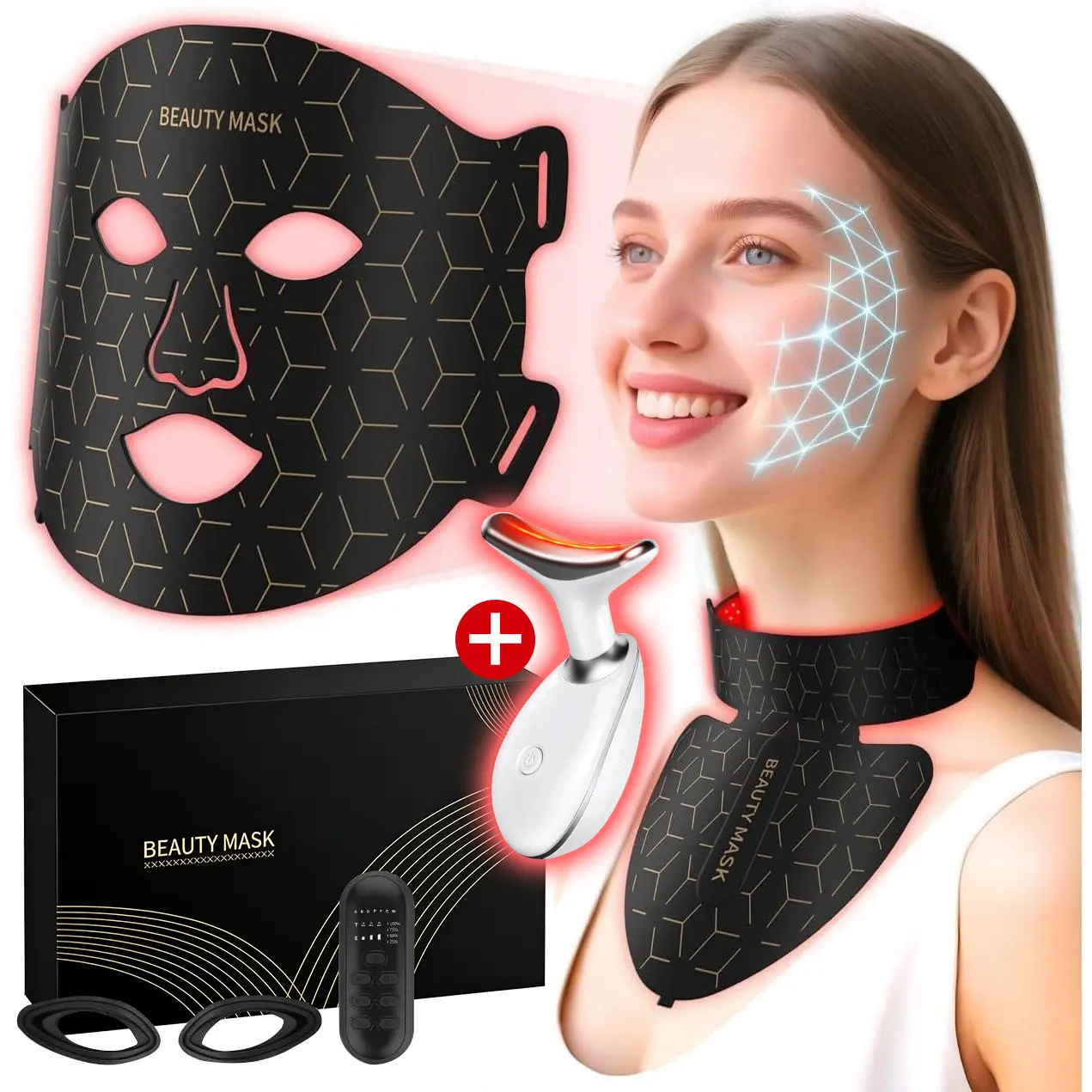 AYYHG Silicone LED Photorejuvenation Face Mask (850nm Near-Infrared, 7 LEDs) + Rechargeable 3-Color Light Dolphin Neck Massager (Black & White Box) - All Skin Types Beauty Tool with Anti-Aging,Firming,Brightening Benefits,Facial Machine,Beauty Products, L