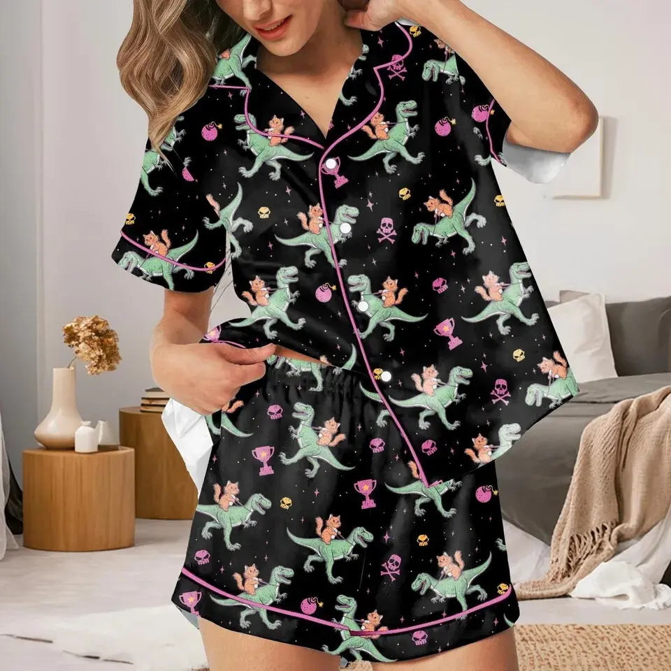 Funny Cat Dinosaur Pajamas, Princess Donut & Mongo Satin Sleepwear, Dungeon Crawler Carl Inspired Lounge Set, Cozy Gamer Gift for Book Lovers