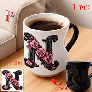 1pc Black Letter Floral A-Z Print Coffee Mug, Pink Floral, Alphabet Floral Coffee Mug for Office and Home, Alphabet Ceramic Coffee Mug, Women'S Birthday Gift, Mom, Best Friend, Bride, Bridesmaid Gift, White Tea Cup, Mother'S Day, Father'S Day Gift 11oz