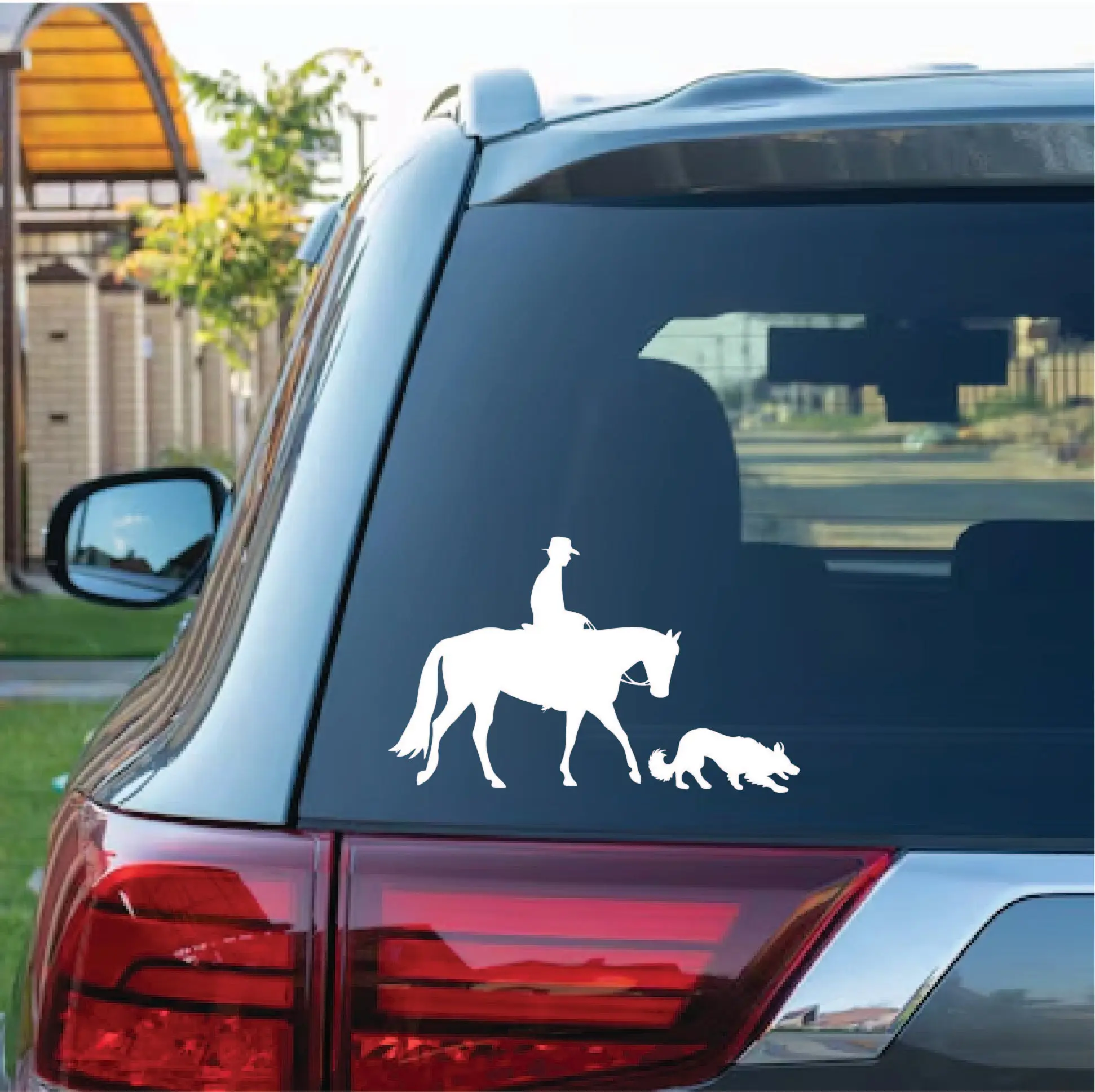 Cowboy & Border Collie Ranch Theme Vinyl Car Sticker - Weatherproof, Customizable, Outdoor Safe Automotive Truck Decor Accessories for Exterior Use