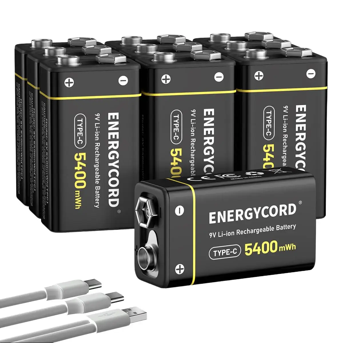 ENERGYCORD USB-C Rechargeable 9V Li-ion Batteries (10-Pack) , 2-Hour Quick Charge for Smoke Detectors, Guitar Pedals, Multimeters - Includes 2-in-1 Charging Cable