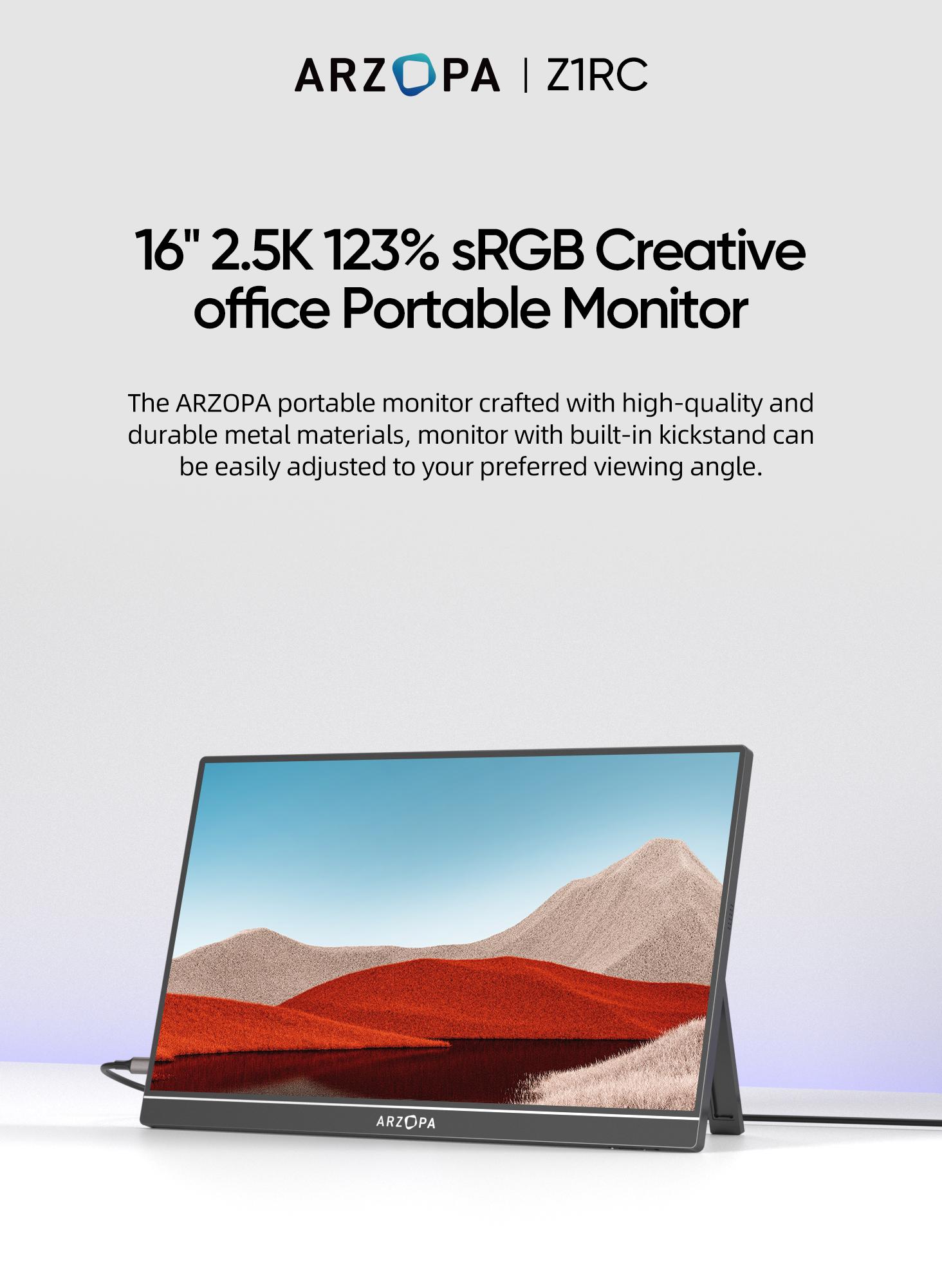 ARZOPA 16" 2.5K Portable Monitor 2560x1600 QHD IPS Display 123% sRGB USB-C HDMI External Second Screen for Mac Laptop Phone PS4/5 Xbox Switch iPhone15