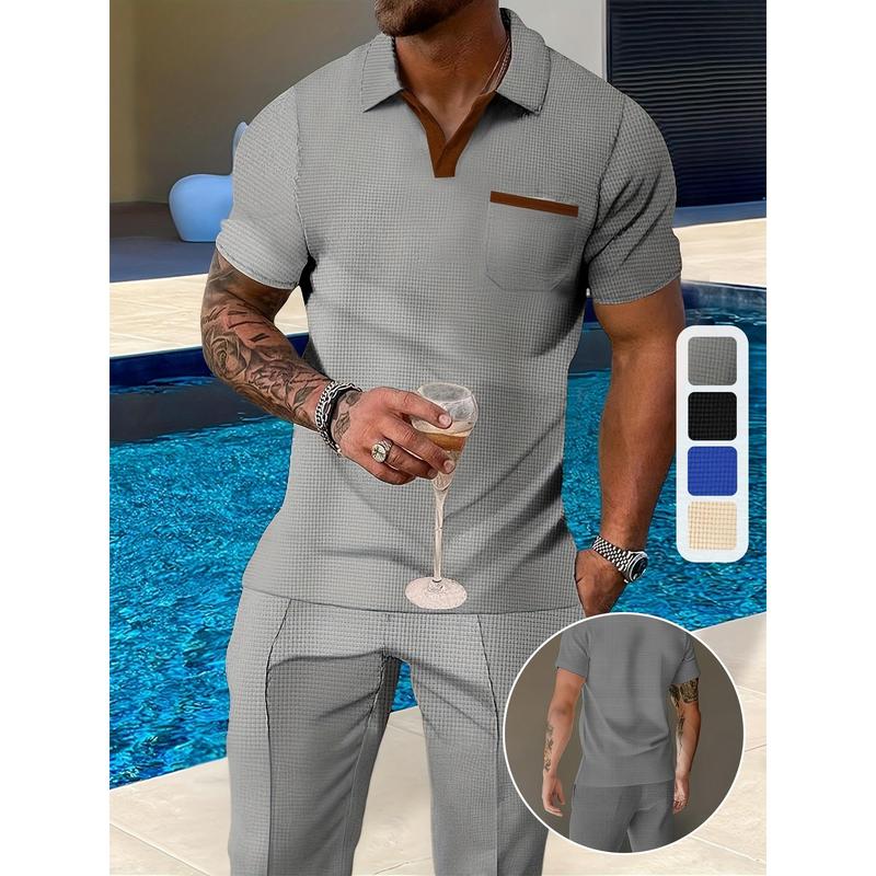 2-piece stylish men's casual outfit-breathable V-neck short sleeve top ...