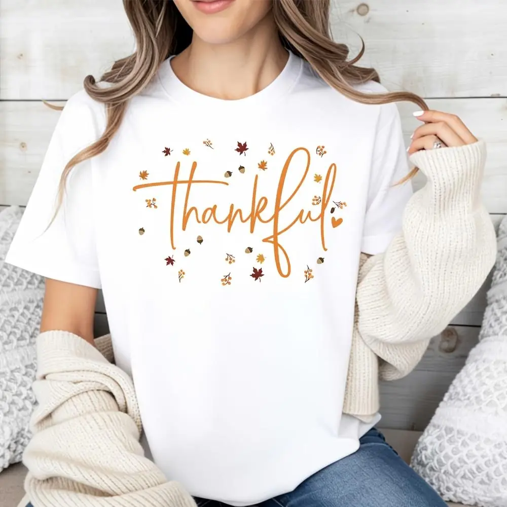Thankful Print With Autumn Leaves, Raglan Long-Sleeved T-Shirt, Thanksgiving Fall Season Theme, Casual Daily Wear Holiday Gift