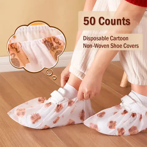 50-Count Disposable Cartoon Patterns Shoe Covers, Elastic Double Rib & Thickened Design, Waterproof, Anti-Slip, Breathable, Anti-Dirty, Durable Foot Covers for Clean Indoor Environment, Easily Put On and Take Off