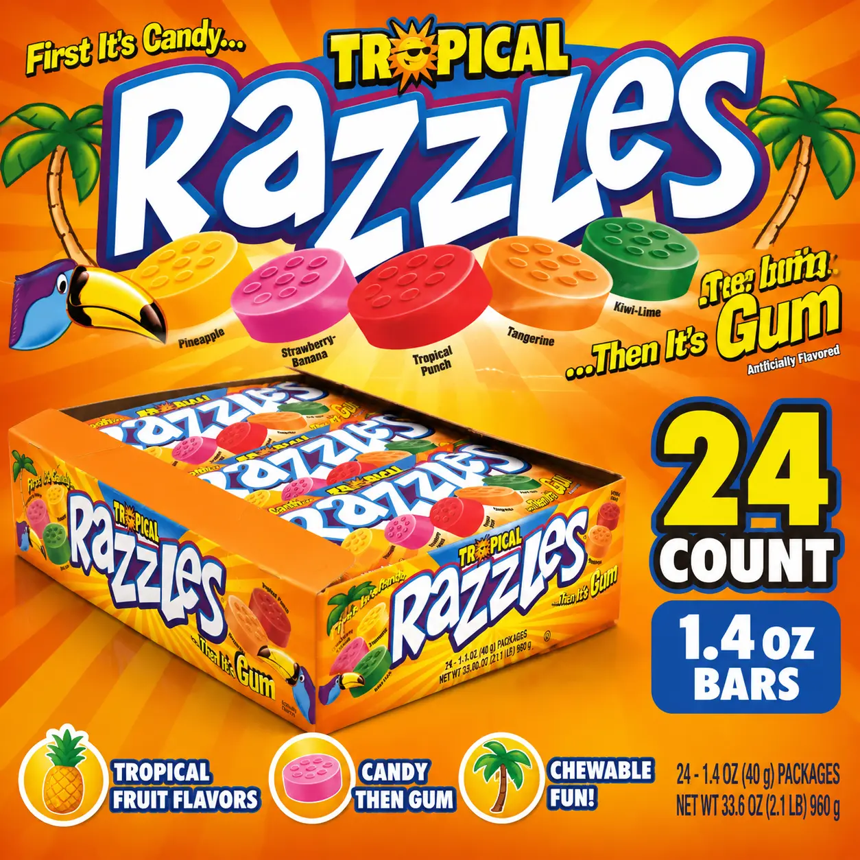 Razzles Tropical Flavor Candy Gum 1.4 oz 24 Count | Candy That Turns Into Gum | Assorted Tropical Flavors for Parties & Fun Treats