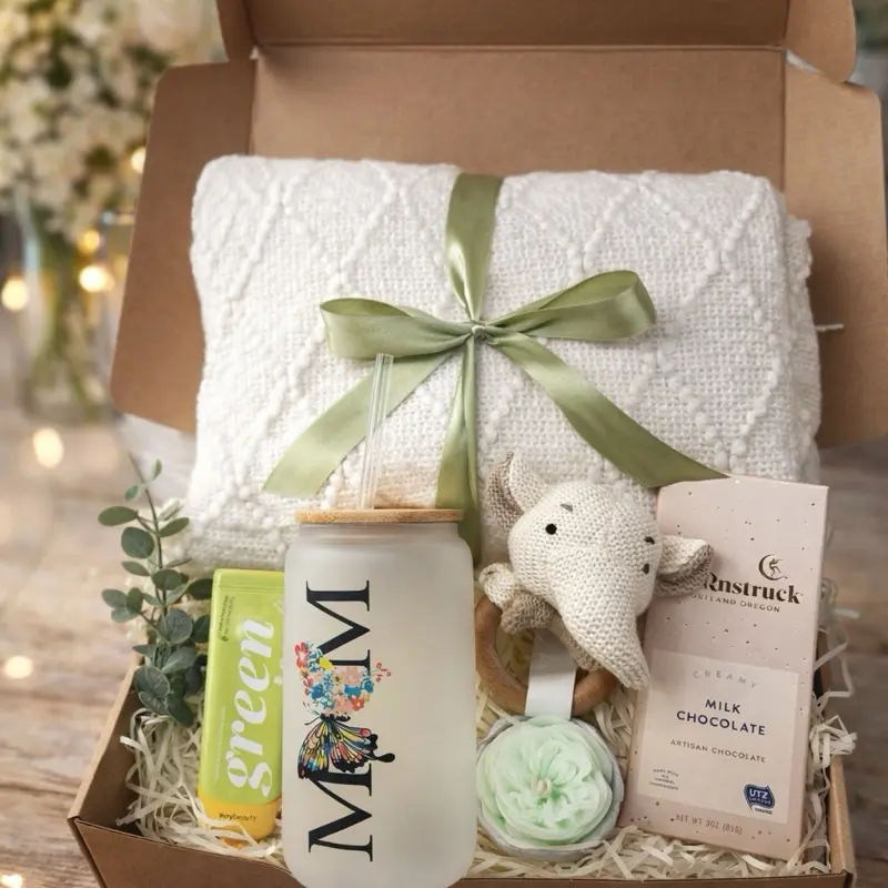 Taniri Luxury Customizable Female Mom-To-Be Gift Box - Pregnancy Spa Set with Blanket, Bamboo Lid Tumbler, Candle, Milk Chocolate - Hospital, Baby Shower Maternity Care Package, No Wrapping Needed (Pregnancy Announcement, Birthday Occasions)