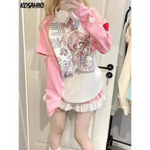 Autumn Japanese Cartoon Print Hoodie Women Clothing Patchwork  Aesthetic Tops 2026 Oversized Casual Zipper Grunge Sweatshirt