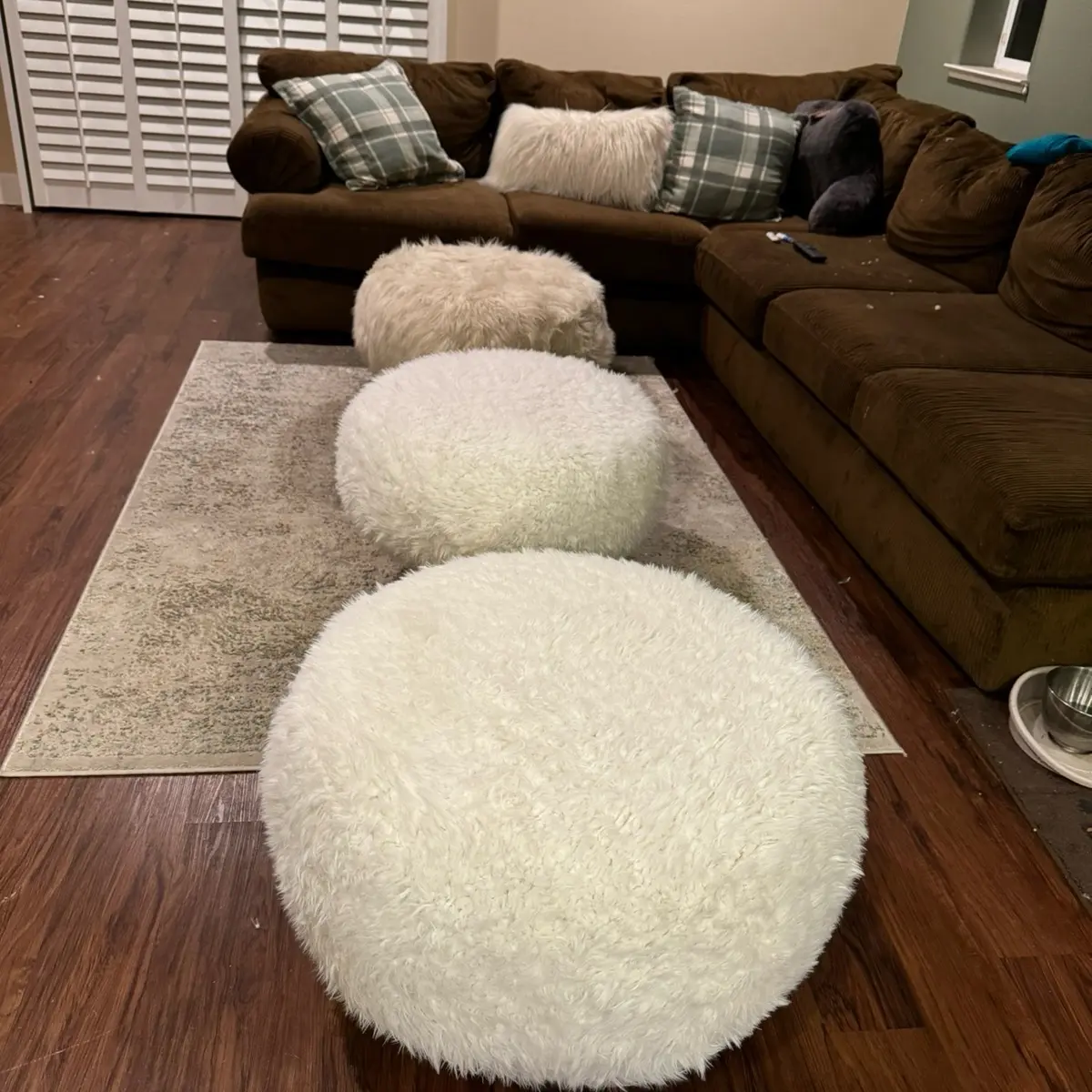 Handmade White Faux Fur Ottoman (Three-legged) - Premium Faux Fur and Wood Legs