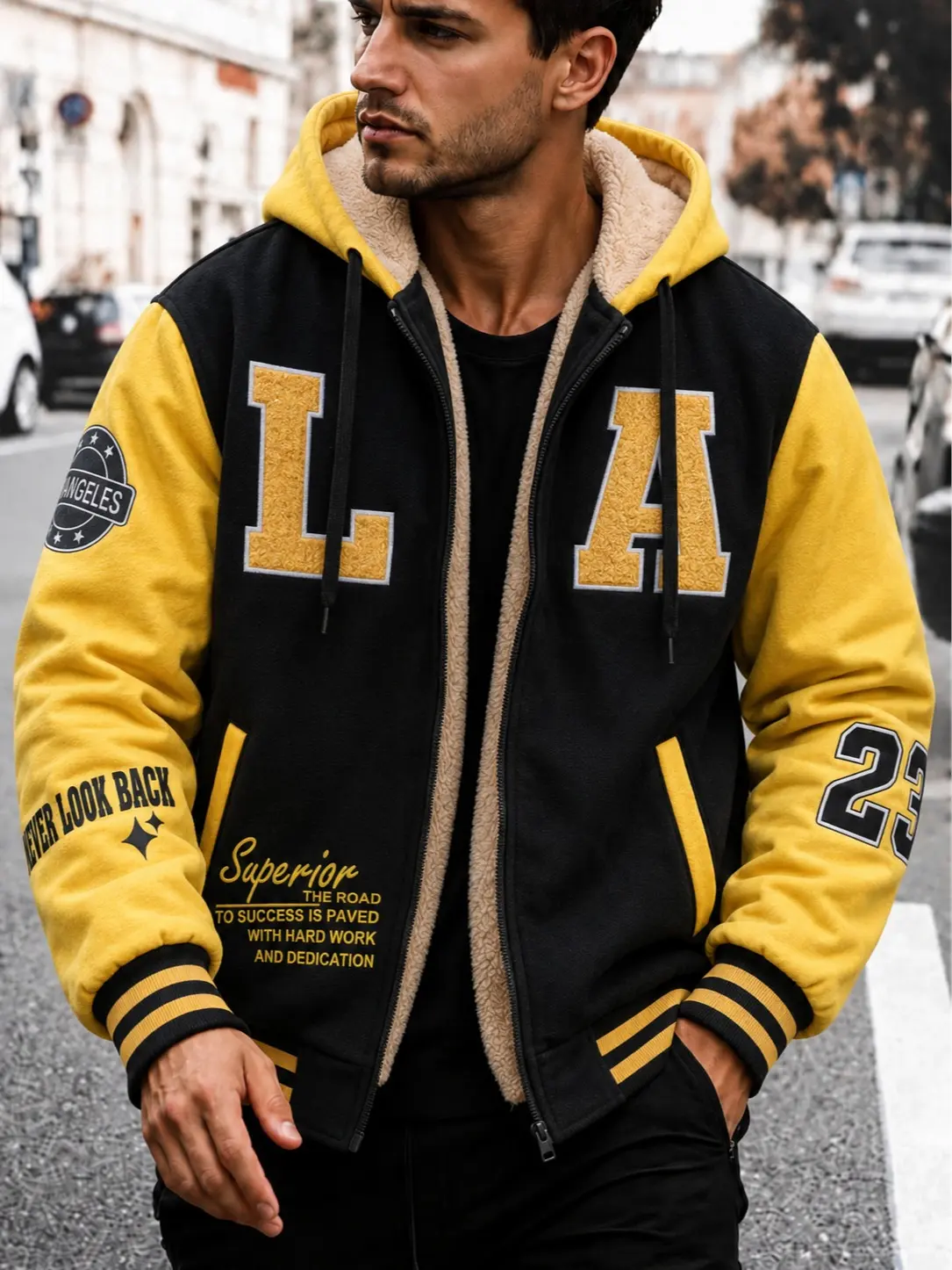 Single piece: “LA” letter fleece hooded baseball jacket made of sherpa fabric; unisex design with black-and-yellow color blocking; thick vintage sports fleece outerwear; sold individually.