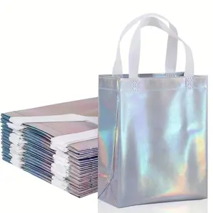 10-Pack Rainbow Holographic Gift Bags with Handles | Reusable Medium-Sized Party, Birthday and Graduation Party Supplies Tote Bags, Colorful Laser-Effect Nonwoven Shopping Tote Bags with Laminated Finish, Candy Bag