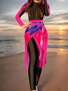 Women's Fashionable Islamic Swimwear Set, High Stretch Modest Long Sleeve Zip Up One-piece Swimsuit & Cover Up Skirt & Skinny Pants Set, Islamic Swimwear Set, Modest Bathing Suits, Modest Swimming Wear