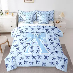 Girls Blue Bow Bedding Set,| Teen Girl Initial Bow 7 Pieces Comforter Set with Sheets Blue Coquette Alphabet A Bed in a Bag Preppy Dreamy Initial Bows Bed Sets
