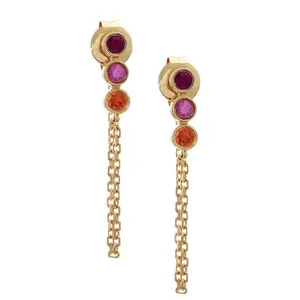 Ruby, Pink Sapphire, and Orange Sapphire Earrings with Chain in Yellow Gold 14k