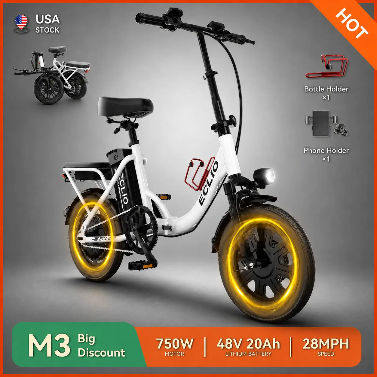 ECLIO M3 Folding Off-Road Ebike 750W 28MPH, 48V 20Ah Long Range 50-70 Miles Electric Bike, Full Suspension High Carbon Steel 14 Inch All Terrain Mountain E-Bike UL2849 Certified Disc Brakes Summervibes