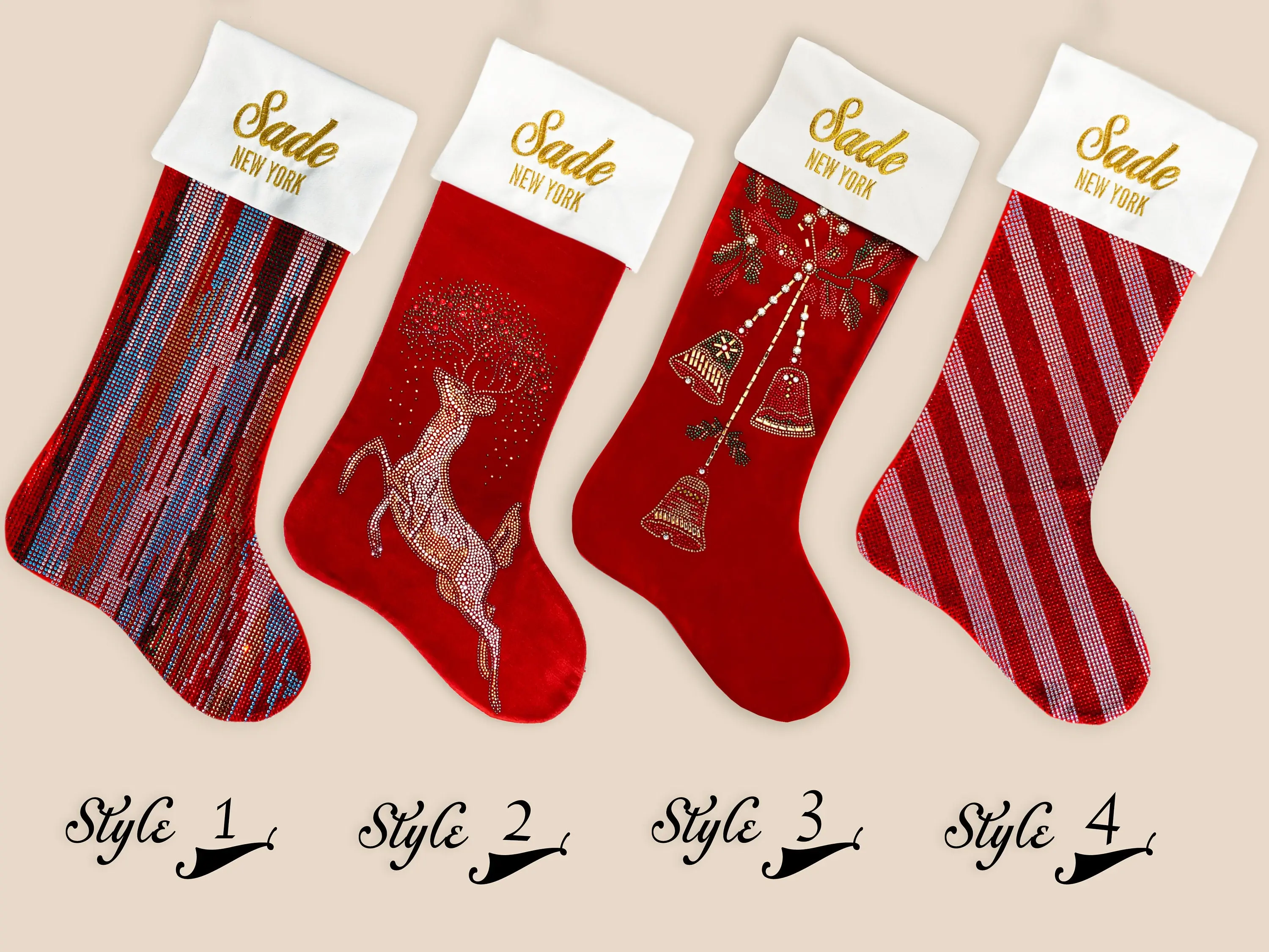 Personalized Christmas Stockings, Red Velvet, Customized with Metallic Thread Embroidery, Rhinestones and Crystals. Handmade Holiday Decor