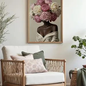 Black Woman Peony Art Print: Feminine Floral Canvas Frameless Poster E