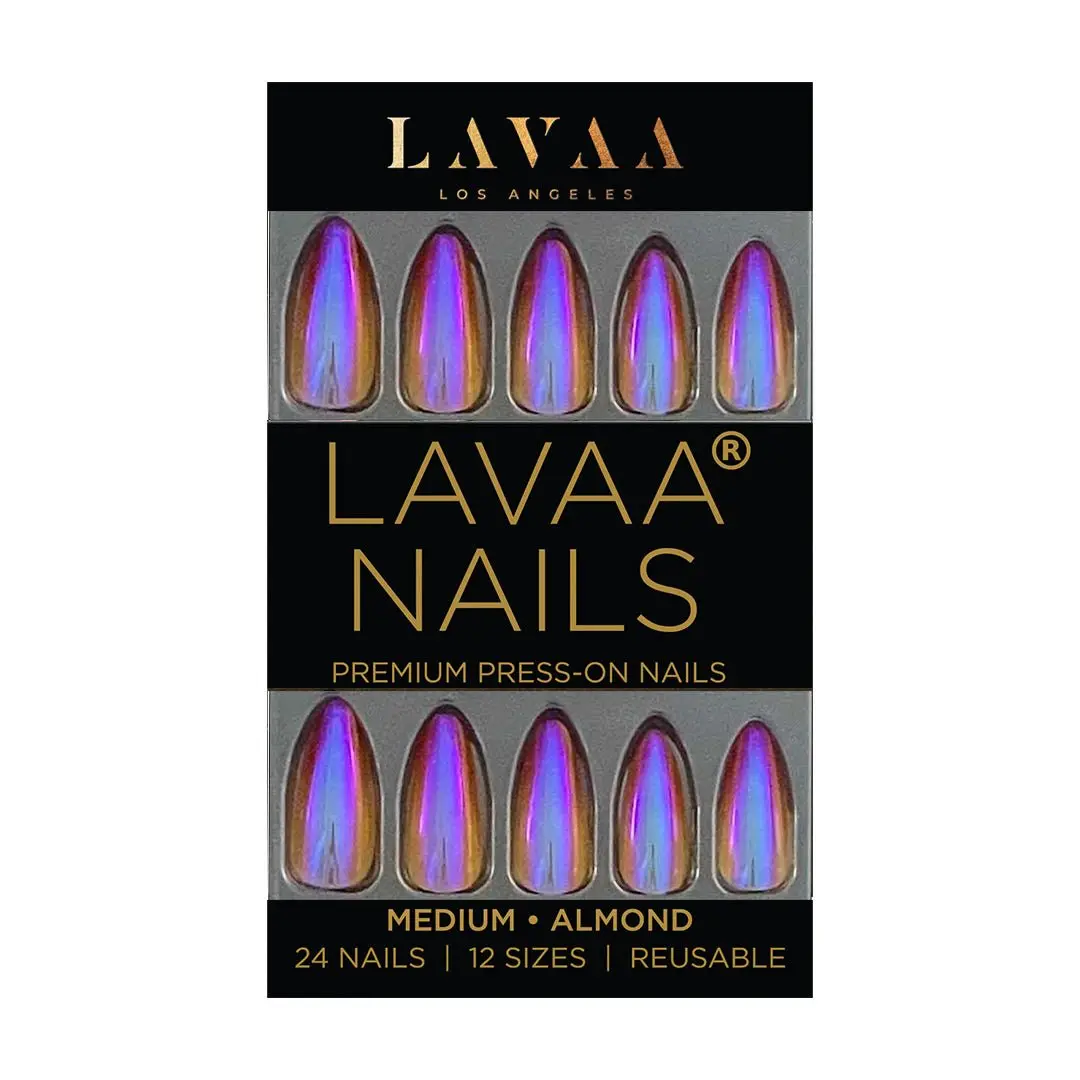 MOOD SWINGS Medium Almond Press On Nails - Orange-to-Pink Ombré Design with Chrome Finish