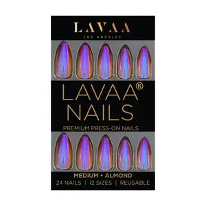 MOOD SWINGS Medium Almond Press On Nails - Orange-to-Pink Ombré Design with Chrome Finish