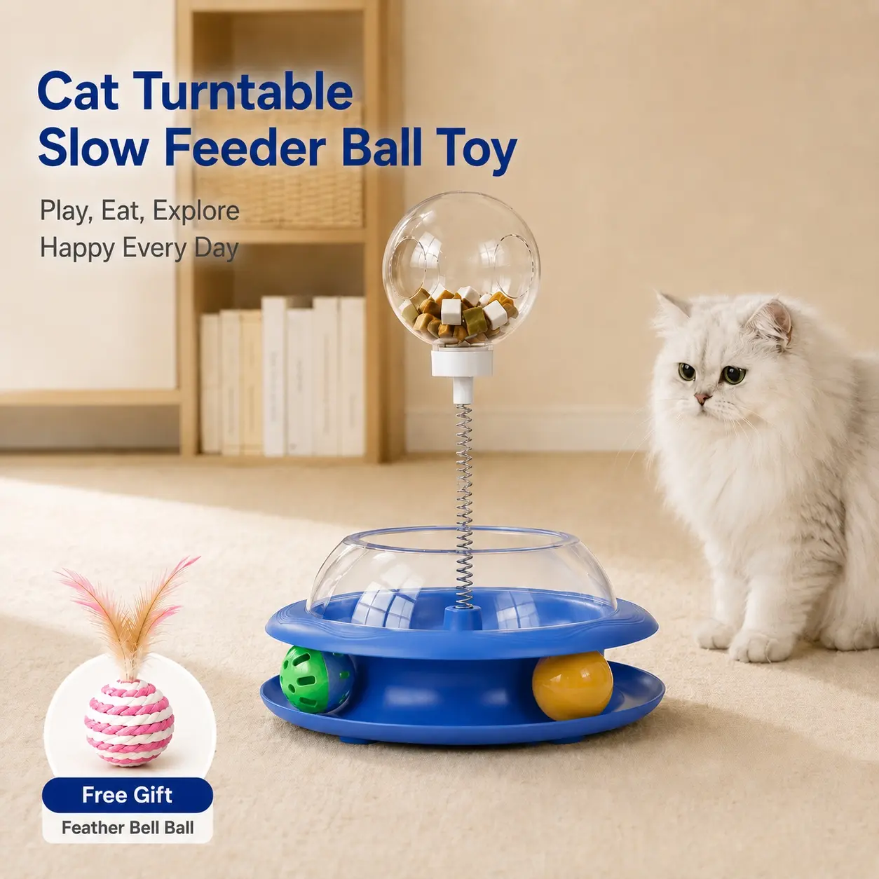 CATMUSE Interactive Cat Slow Feeder Toy, Treat Dispensing Cat Puzzle Toy with Rolling Balls & Spring Food Dispenser, Cat Enrichment Toy for Indoor Cats
