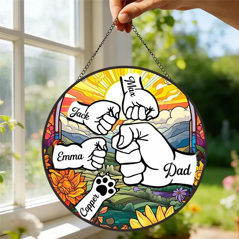 [Made in US] Personalized Dad Fist Bump Stained Glass Suncatcher ,Custom Kids & Pet Names Window Hanging,Father's Day Gift for Dad