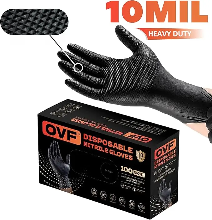 Nitrile gloves 10Mil Diamond-texturd grip for industrial,Blcak&Orange nitrile gloves food applications,100Pcs-Black