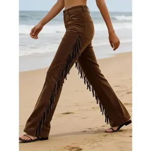 [Flare Jeans] Brown Side Fringe Tassels Bootcut Stylish Flare Jeans Retro Chic for Women, Vintage Western Brown Fringe Flared Jeans, Women's Retro Patchwork Tassel Casual Slight Flare Jeans