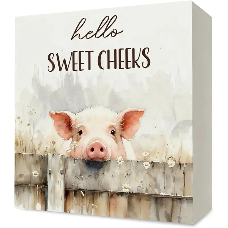 Hello Sweet Cheeks Bathroom Decor, Farmhouse Pig Wooden Box Sign Desk Decor, Rustic Daisy Flower Pig Wood Block Signs for Bathroom Washroom Shelf Decorations, Rustic Farmhouse Design, Home Decor Products, 5x5 Inch